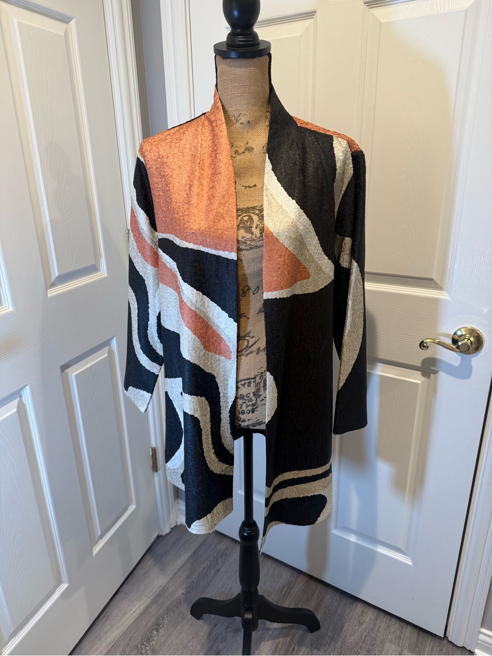 Chico's Open-Front Abstract Panel Jacket  in Black, Pink and Cream